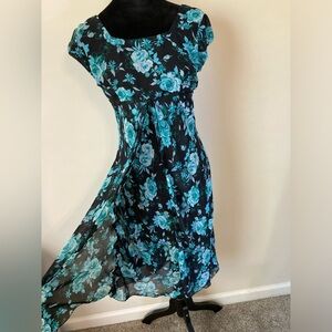 Jody California Vintage black w/ teal blue rose print milkmaid midi dress Y2K